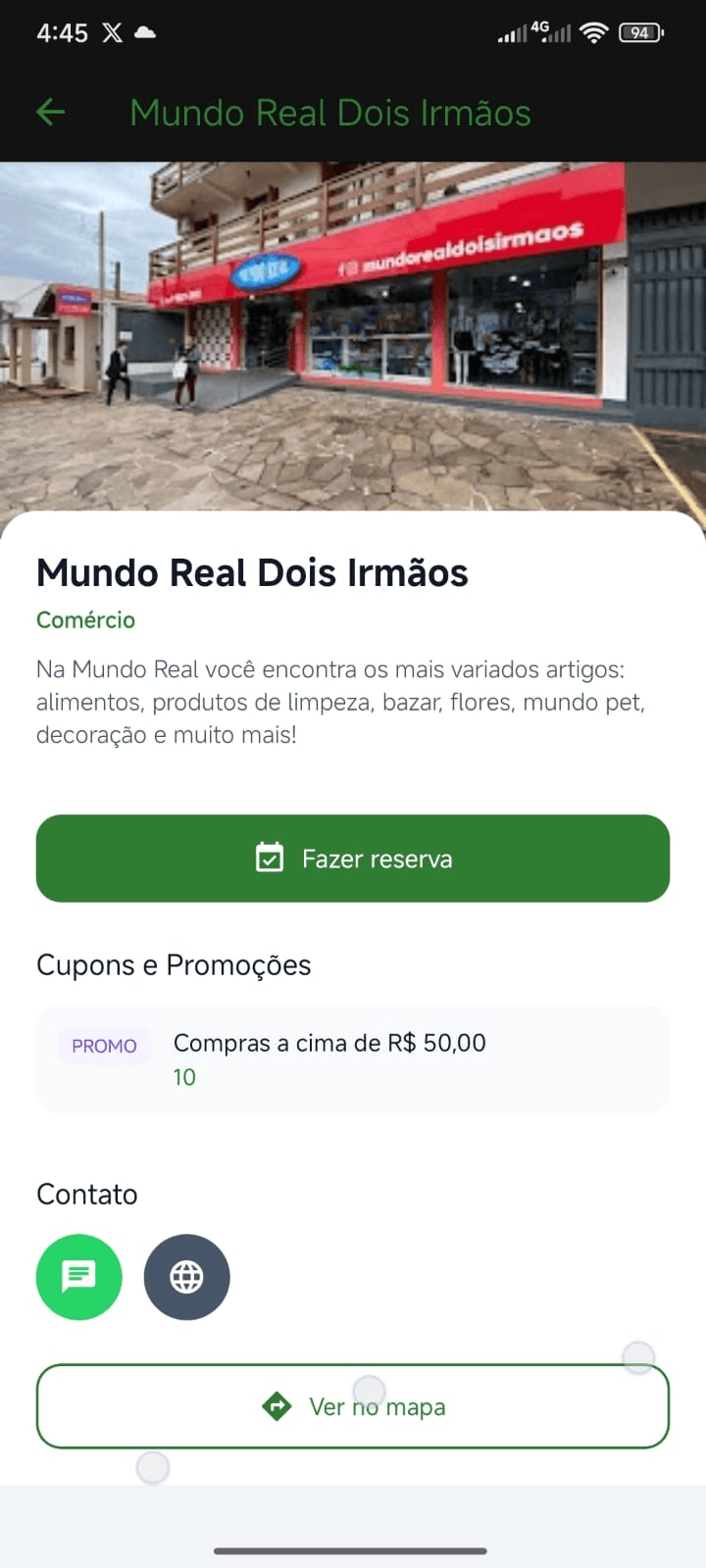 Tela de comércio do app Rota Viva