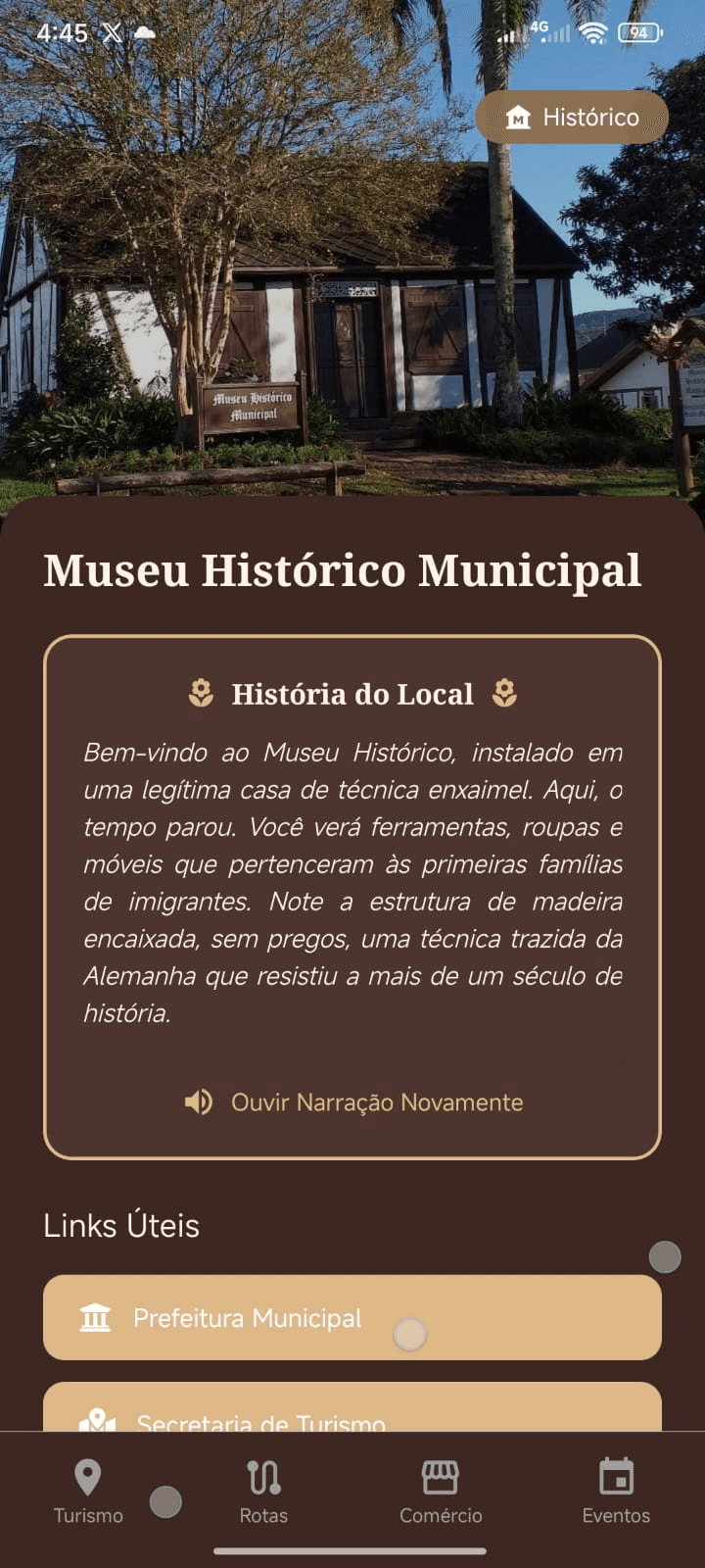 Tela de turismo do app Rota Viva